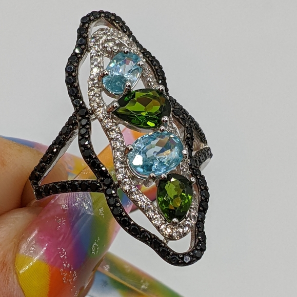 Blue Zircon, Black Spinel Multi-Gemstone Sterling Silver Ring - Picture 3 of 12